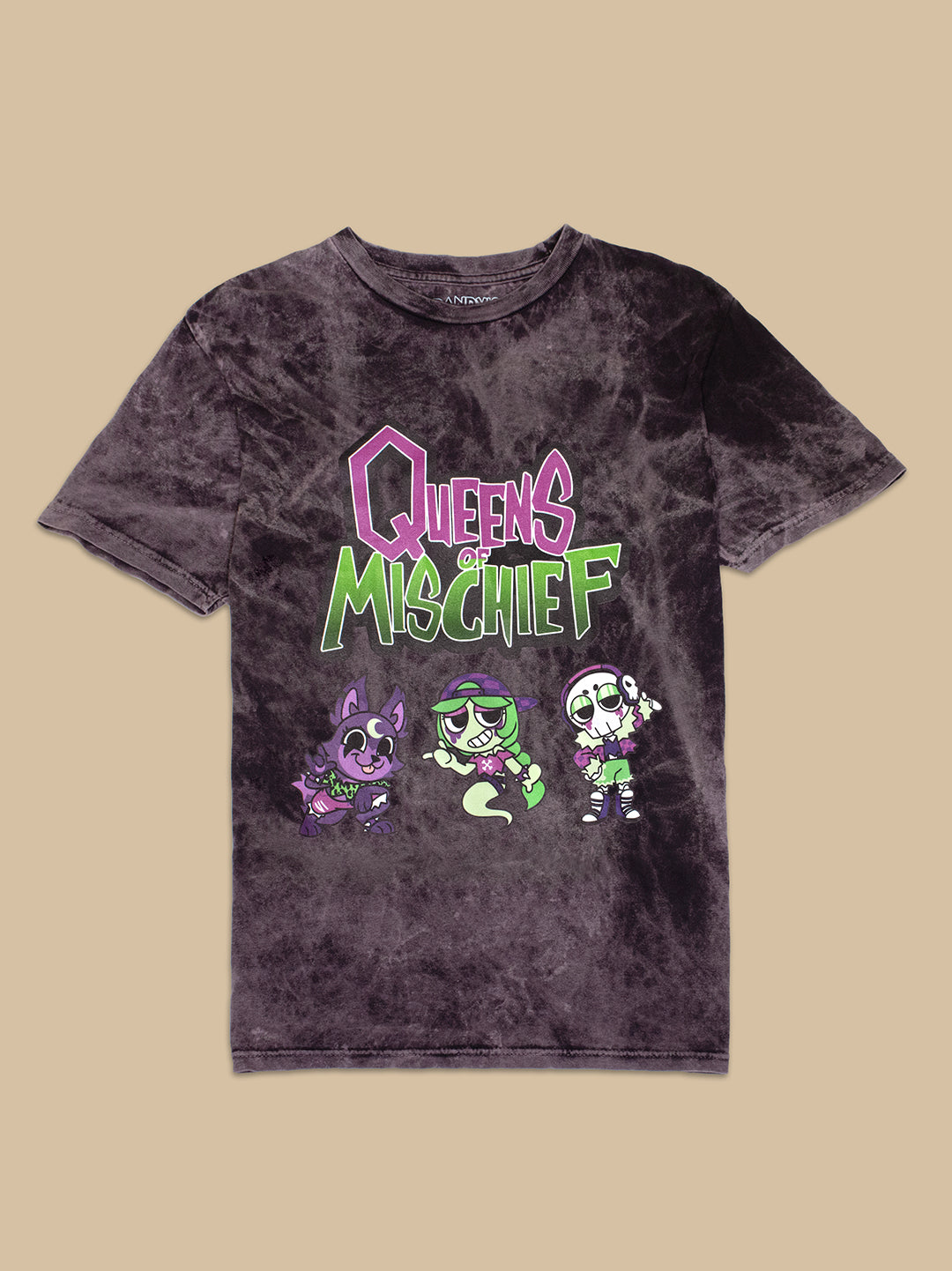 dark cloudy black shirt with image: queens of mischief text. eclipse, connie, and ribecca.