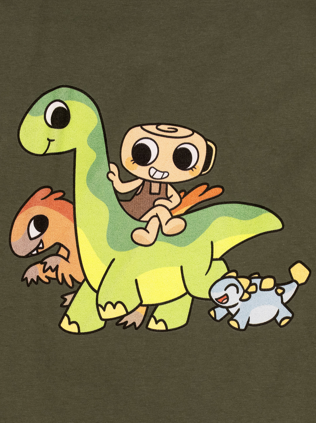Cartoon character riding a dinosaur with a small creature on a green background