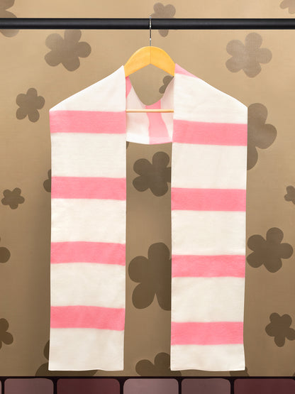 Striped scarf with pink and white stripes hanging on a wooden hanger against a floral-patterned wall.