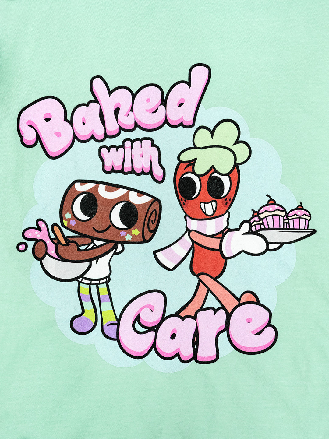 sweet treat and strawberry Cartoon characters with text 'Baked with Care' on a light green background