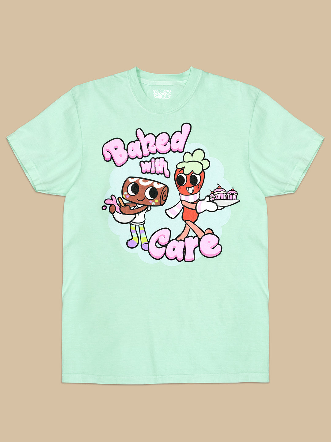 sweet treat and strawberry Cartoon characters with text 'Baked with Care' shirt on a beige background