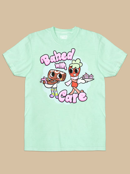 sweet treat and strawberry Cartoon characters with text 'Baked with Care' shirt on a beige background