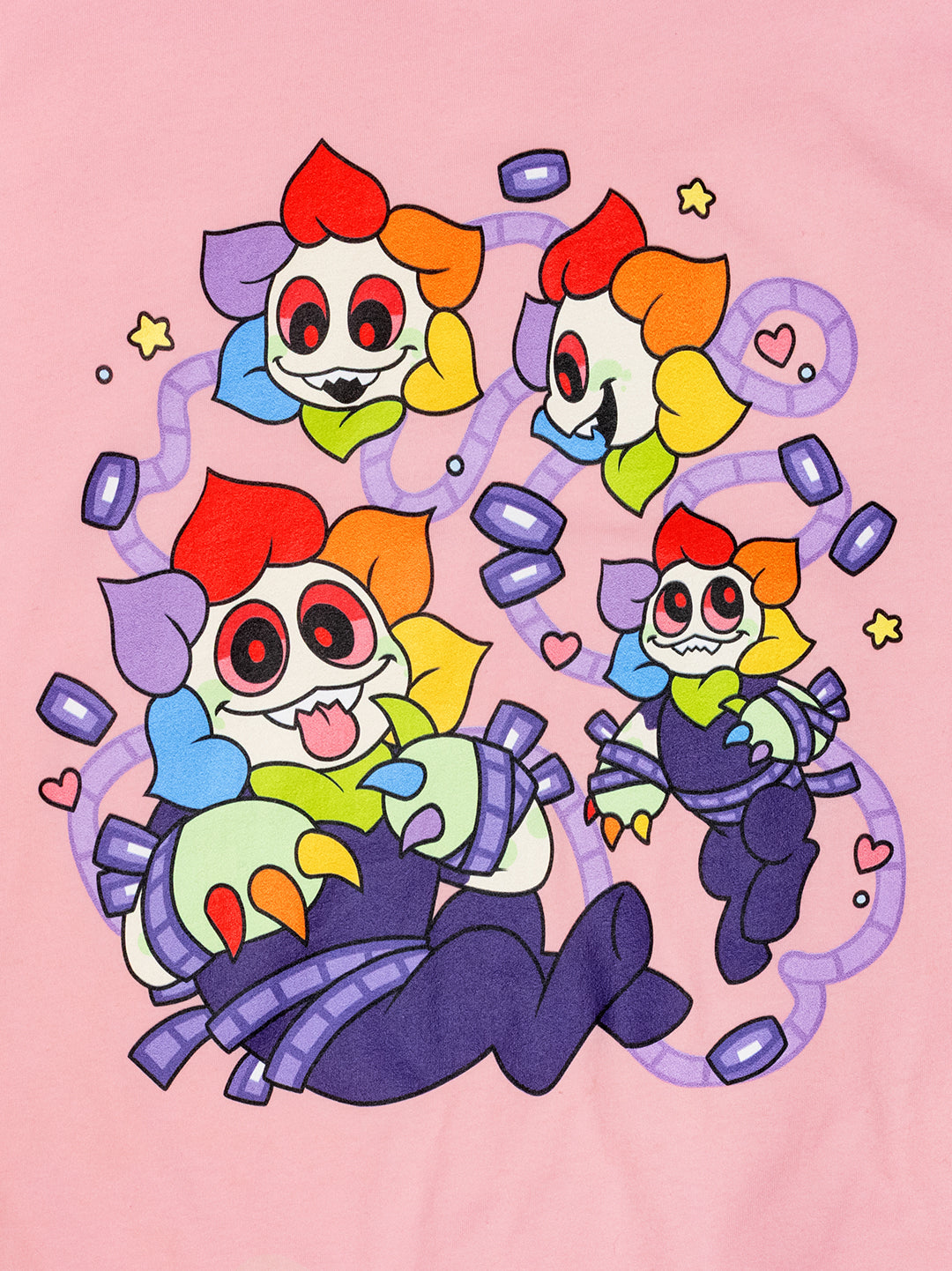 Colorful cartoon character with multiple arms and legs on a pink background