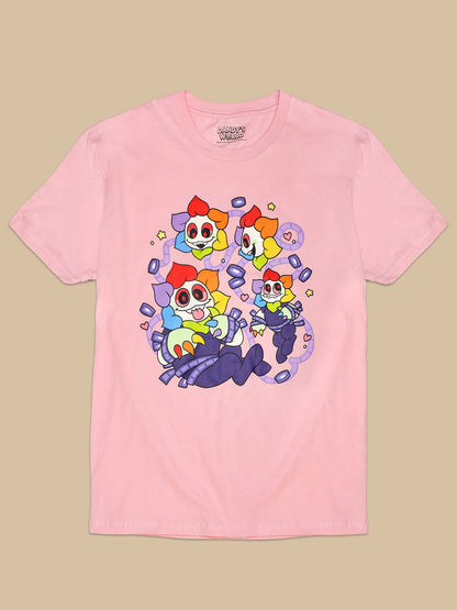 Pink t-shirt with colorful cartoon characters on a beige background