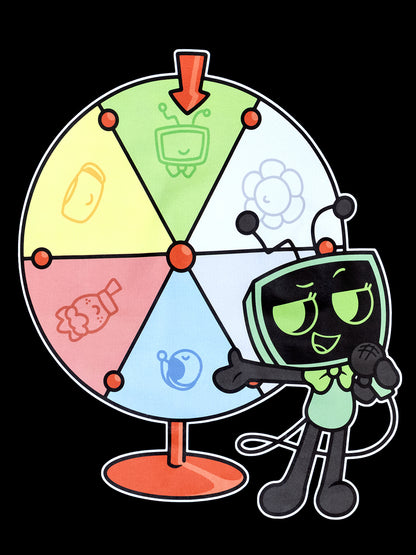 Cartoon character holding a colorful wheel with icons on a black background