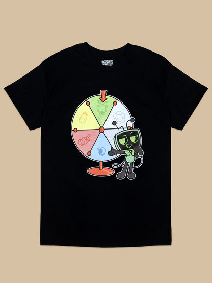 Black t-shirt with a colorful graphic design on a beige background